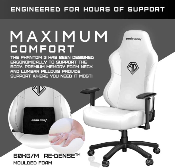 Anda Seat Phantom 3 Leather Gaming Chairs for Adults - Large Wide Seat Gaming Chair with Lumbar Support, Comfortable Premium Video Gaming Seats with Headrest - White Gaming Chair with Cushion - Image 3