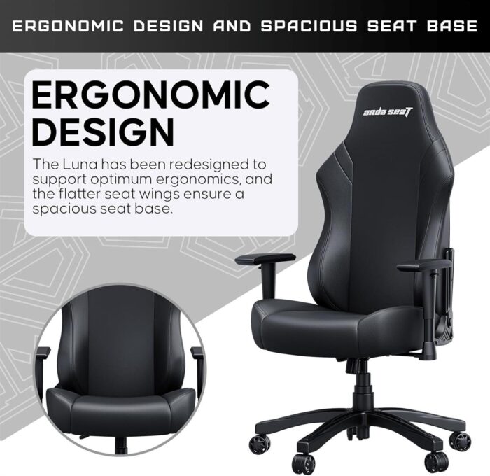 Anda Seat Luna Large Gaming Chair - Ergonomic Reclining Video Game Chairs, PVC Leather Computer Home Office Chair, Heavy Duty Neck & Back Lumbar Support - Black Folding Recliner Seat for Adults - Image 3