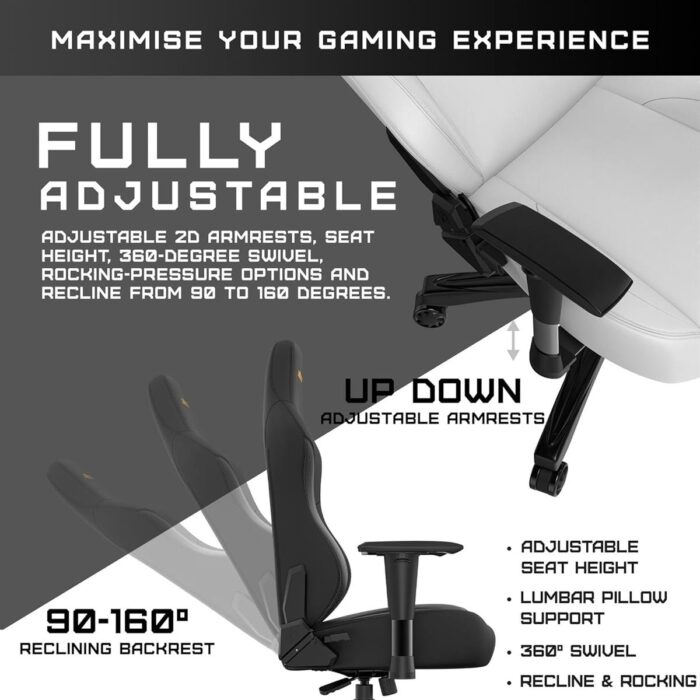 Anda Seat Phantom 3 Leather Gaming Chairs for Adults - Large Wide Seat Gaming Chair with Lumbar Support, Comfortable Premium Video Gaming Seats with Headrest - White Gaming Chair with Cushion - Image 6