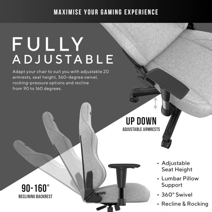 Anda Seat Phantom 3 Fabric Gaming Chairs for Adults - Large Wide Seat Gaming Chair with Lumbar Support, Comfortable Premium Video Gaming Seats with Headrest - Grey Gaming Chair with Cushion - Image 4