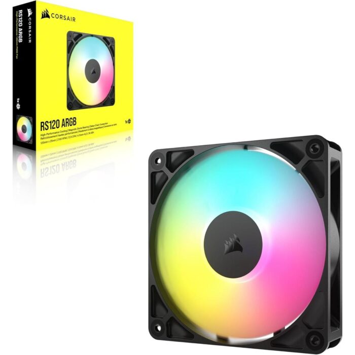 Corsair RS120 ARGB 120mm PWM Fan, Daisy-Chain Connection, Low-Noise, Magnetic Dome Bearing – Single Pack (Black)