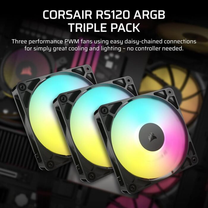 Corsair RS120 ARGB 120mm PWM Fans, Daisy-Chain Connection, Low-Noise, Magnetic Dome Bearing – Triple Pack (Black) - Image 3
