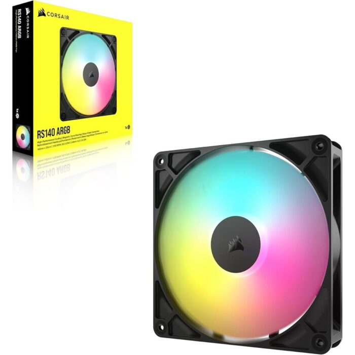 Corsair RS140 ARGB 140mm PWM Fan, Daisy-Chain Connection, Low-Noise, Magnetic Dome Bearing – Single Pack (Black)