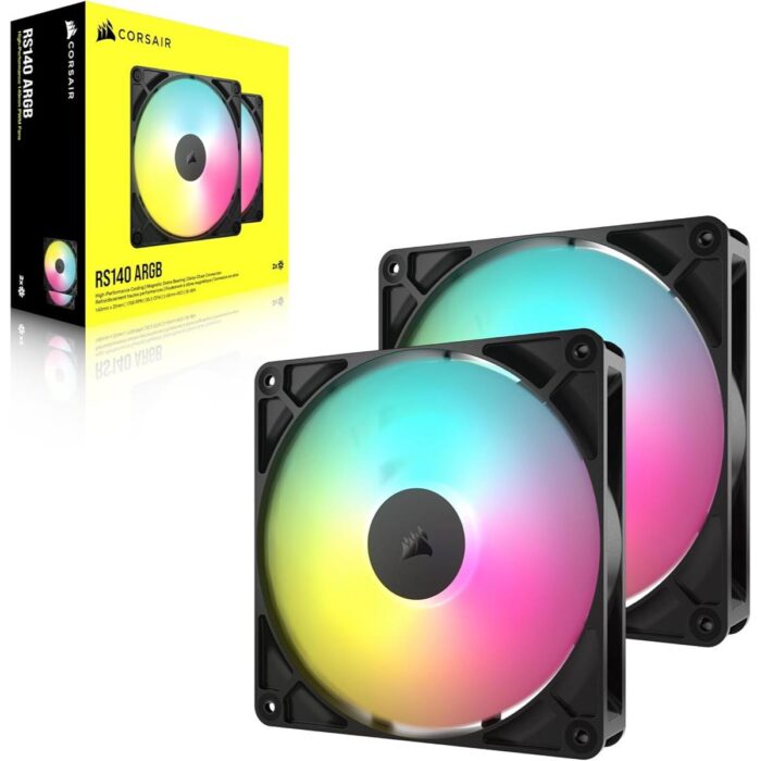 Corsair RS140 ARGB 140mm PWM Fans, Daisy-Chain Connection, Low-Noise, Magnetic Dome Bearing – Dual Pack (Black)