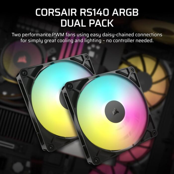 Corsair RS140 ARGB 140mm PWM Fans, Daisy-Chain Connection, Low-Noise, Magnetic Dome Bearing – Dual Pack (Black) - Image 3