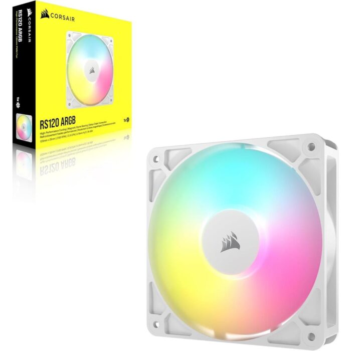 Corsair RS120 ARGB 120mm PWM Fan, Daisy-Chain Connection, Low-Noise, Magnetic Dome Bearing – Single Pack (White)