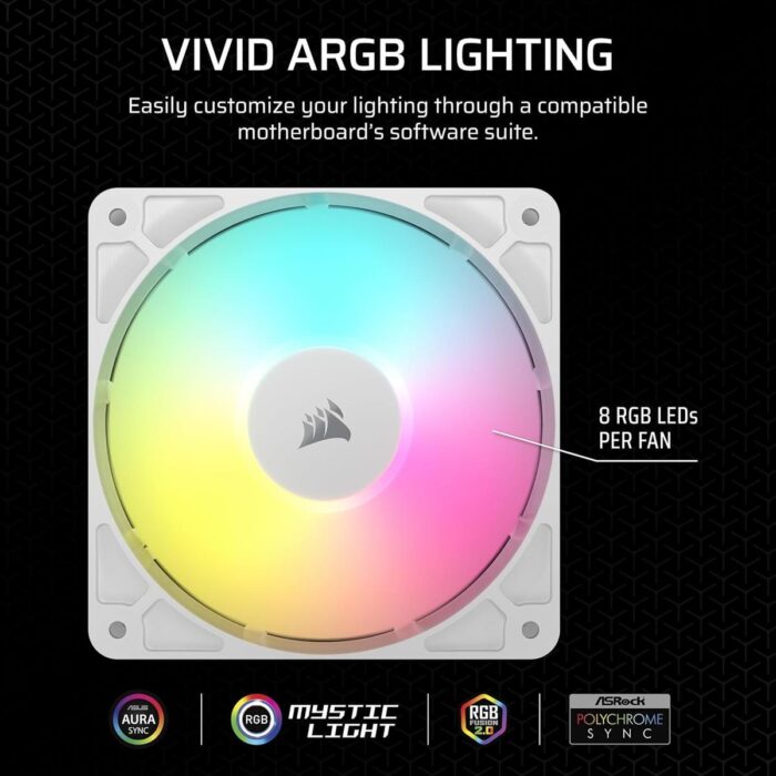 Corsair RS120 ARGB 120mm PWM Fan, Daisy-Chain Connection, Low-Noise, Magnetic Dome Bearing – Single Pack (White) - Image 4