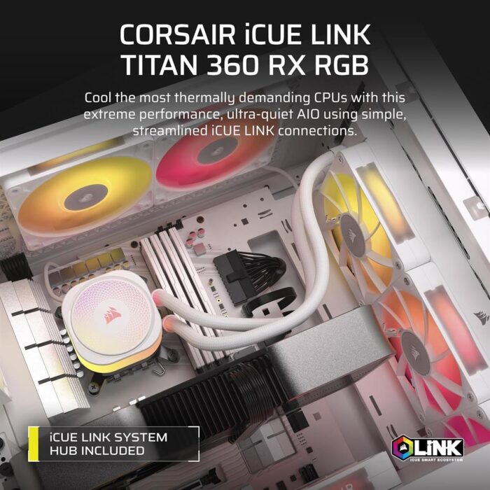 Corsair iCUE Link Titan 360 RX RGB Liquid CPU Cooler, 360mm AIO, 3x RX120 RGB Fans Included, Fits Intel LGA 1851/1700, AMD AM5/AM4, iCUE LINK System Hub Included – White - Image 5