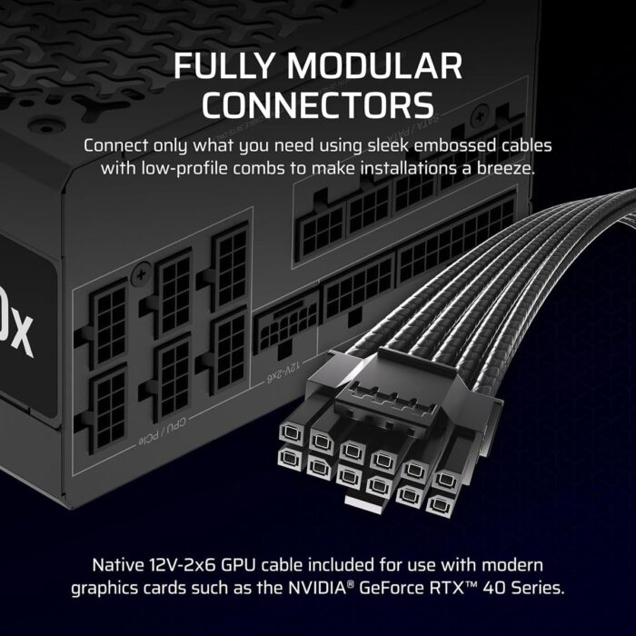 Corsair RM1000x Fully Modular Low-Noise ATX Power Supply, ATX 3.1 Compliant, PCIe 5.1 Support, Cybenetics Gold Efficiency, Native 12V-2x6 Connector – Black - Image 5