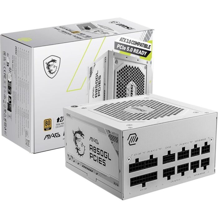 MSI MAG 850GL PCIE 5 White Gaming Power Supply, Full Modular, 80 Plus Gold Certified 850W, Compact Size, ATX PSU