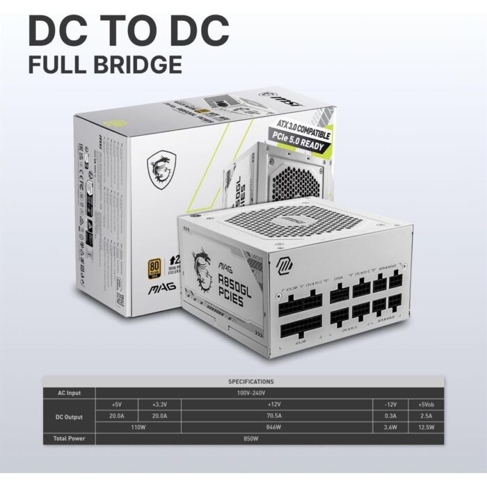 MSI MAG 850GL PCIE 5 White Gaming Power Supply, Full Modular, 80 Plus Gold Certified 850W, Compact Size, ATX PSU - Image 3